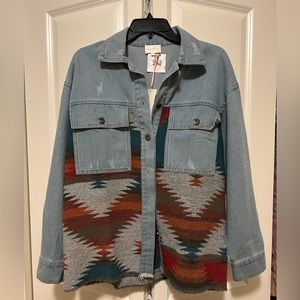 Aztec print denim jacket. NWT.